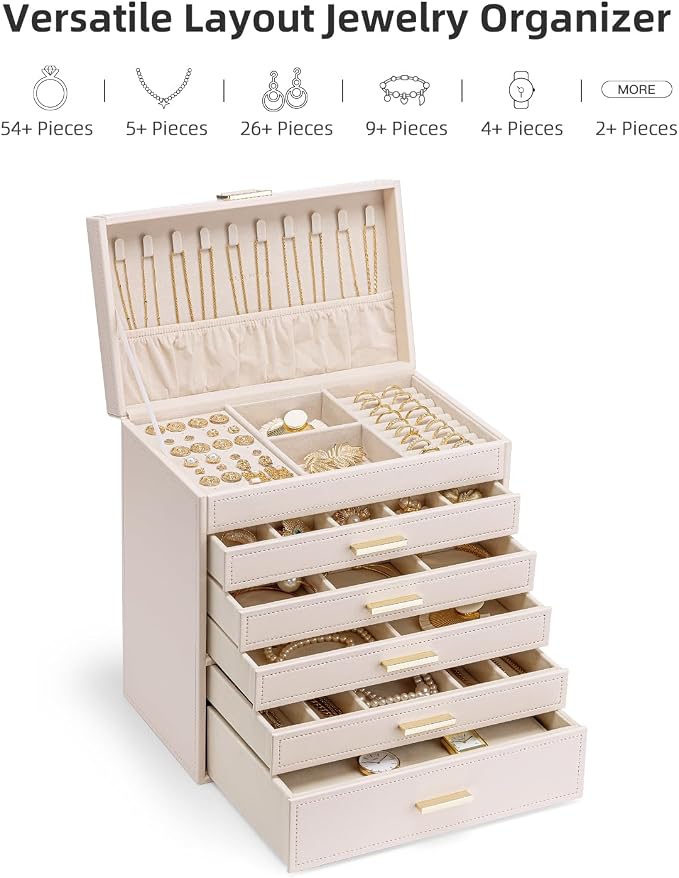 VLANDO 6 Layer Large Jewelry Box - Jewelry Holder Organizer, Jewelry Box Organizer for Drawer Necklace Ring Bracelet and Watch, Birthday Gift for Loved Ones - Pink - Image 7