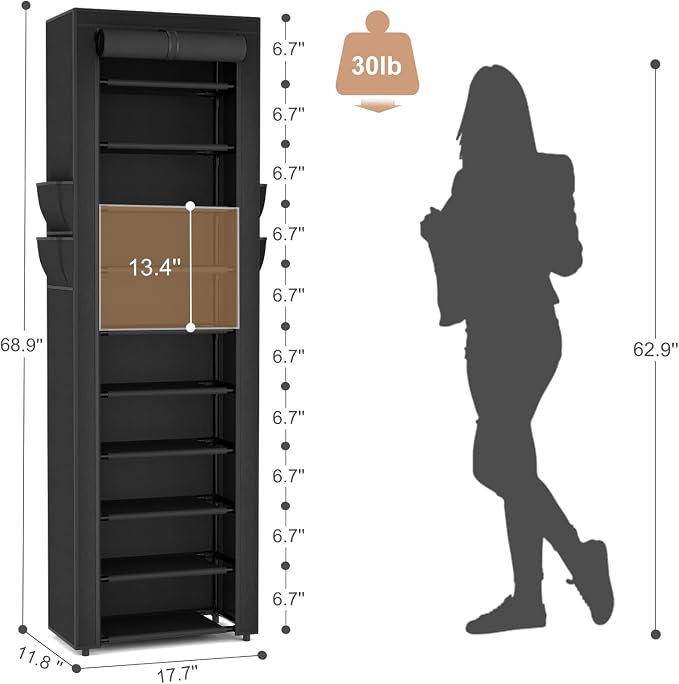 VTRIN Vertical Narrow Shoe Rack Organizer 10 Tier Tall Shoe Shelf Holds 20-22 Pairs with Non-Woven Dustproof Cover for Closet, Entryway Black - Image 3