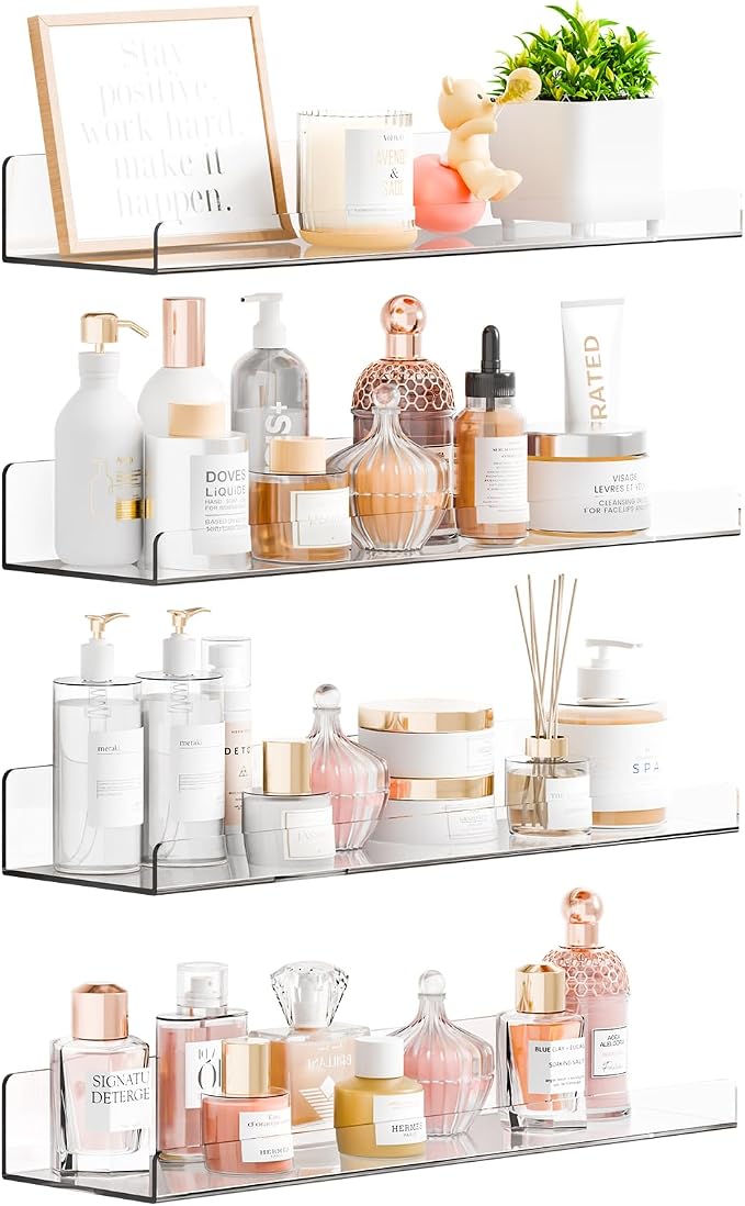 Yieach 4 Pack 15" Acrylic Shelves for Wall,Bathroom,Bedroom - with Adhesive - No Drilling Clear Floating Shelves for Funko Pop,Lego,Action Figures,Nail Polish,Perfume Shelf and Wall Storage & Display by Yieach