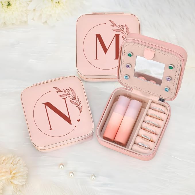 SANDJEST Personalized Jewelry Box, Pink Small Travel Jewelry Box with Initial N, Monogrammed Jewelry Case Organizer for Girls Women Teen, Mini Travel Essentials Gifts for Christmas Birthday - Image 7