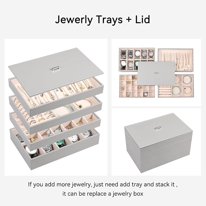 Voova Stackable Jewelry Organizer Tray with Lid, PU Leather Jewelry Storage Holder for Drawer Inserts, Jewellery Display Box Case for Earring Necklace Ring Watch Bracelet (Set of 4, Grey) - Image 3
