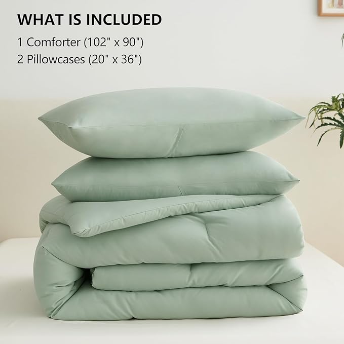 CozyLux King Size Comforter Set Sage Green, 3 Pieces Solid Comforters King Size Breathable Quilted Bedding Sets, Luxury Soft Lightweight Bed Set with Down Alternative Comforter and 2 Pillowcases