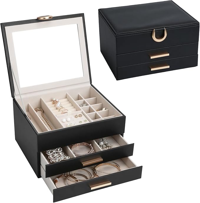 Women's Luxury Jewelry Armoire with Mirror - Compact 2-Drawer Chest with Ring Rolls & Necklace Hooks, Ideal Gift for Women Black by HOME