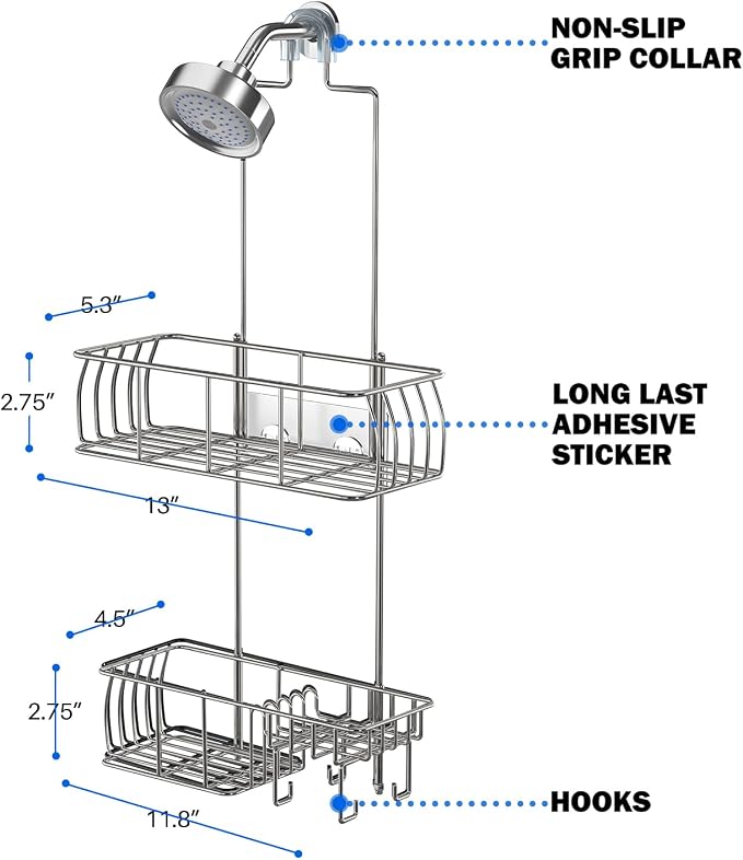 Epicano Anti-Swing Hanging Shower Caddy Stainless Steel 304, Over Head Shower Caddy Rustproof with hooks for Towels, Sponge and more, Chrome - Image 8