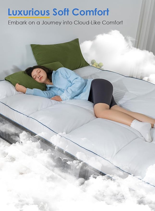QUEEN ROSE Mattress Topper King Size, Pillow Top Extra Thick Mattress Pad, Soft Baffle Box Overfilled Down Alternative for Back Pain, 4 Corner Straps, White