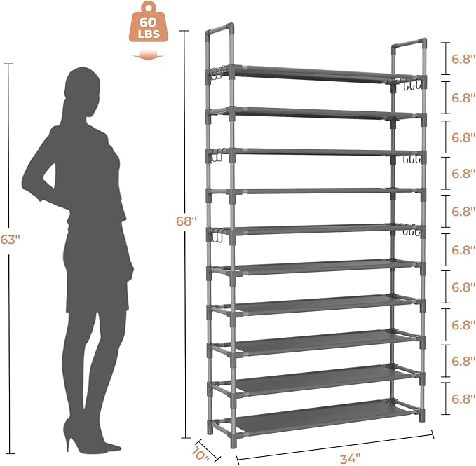 LANTEFUL Tall Shoe Rack 10 Tier Shoe Organizer Large Shoe Shelf with 18 Hooks Storage for 50 Pair Sneaker and Boot, Stackable Vertical Shoe Rack Organizer for Closet, Entryway, Bedroom, Grey - Image 3