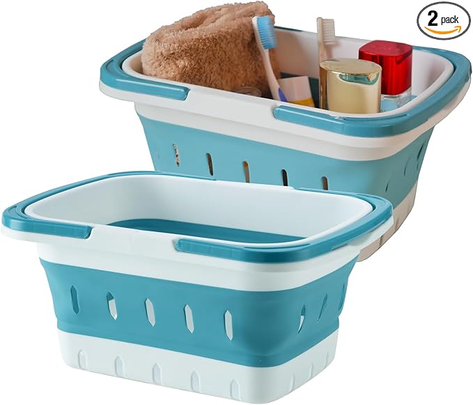 2 Pack Portable Folding Plastic Shower Caddy Basket, Perforated, Travel Bathroom Organizer for Bedroom, Shower, Collage Dorm Room, Camping and RV Use (Blue, 2 pack) by Unknown