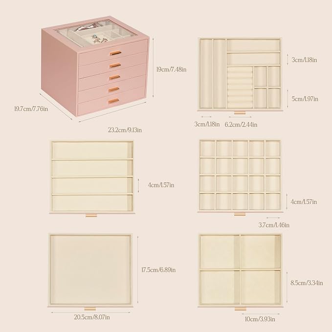 Jewelry Box with Glass Lid, 5-Layer Jewelry Organizer for Women Girls, PU Leather Display Case with 20-Grid Earring Tray & Movable Dividers for Necklaces Rings,Pink - Image 3