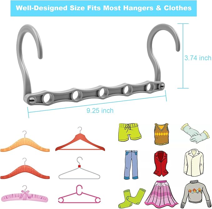 DUCOO Space Saving Hangers 10 Pack, Heavy Duty Magic Cascading Hanger Organizer with 5 Enclosed Anti-Slip Holes, Closet Organizers and Storage for Clothes, College Dorm Room Essentials, Gray - Image 6