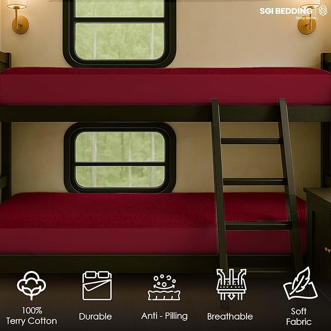 SGI bedding Waterproof RV Bunk Cot Bed Mattress Protector 38X80 for Narrow Twin Camping Bed Mattress Pad Cover, Truck Sleeper & RV Beds - Soft, Noiseless, Breathable, 15" Deep Pocket - Burgundy