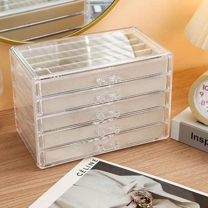 5 Drawers Necklace Organizer Storage, Tray with Clear Lid, Dustproof Velvet Necklaces Holder Storage Display Case, Necklace Tray Drawer Insert for Pendant Suitable for Women and Girls (25 grids) - Image 2