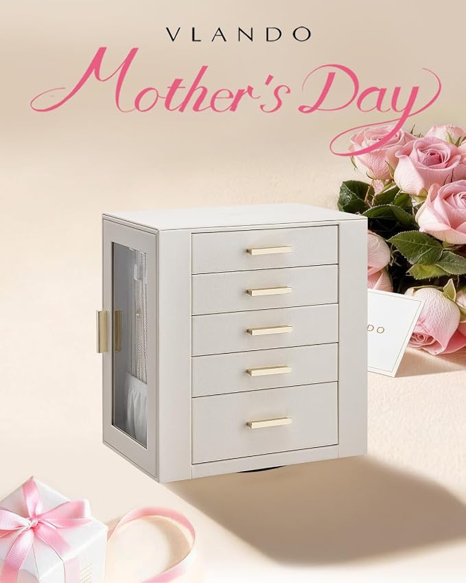 VLANDO 360ｰ Rotating Jewelry Box with 5 Drawers, Mothers Day Mom Gifts, Large Jewelry Storage with 2 Glass Window, PU Leather Jewelry Organizer for Bracelets, Necklaces, Earrings, Rings - Cloud White - Image 2