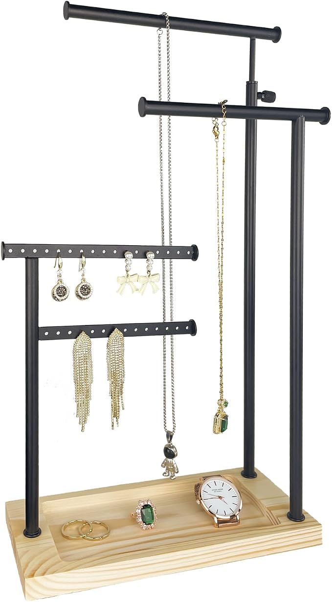 lengnoyp Premium Jewelry Stand, 4-Tier Storage Necklace Holder Stand, Earring Holder AdjustableTall 20I N (Max), Jewelry Organizer for Necklace, Bracelet, Earring, Black by lengnoyp