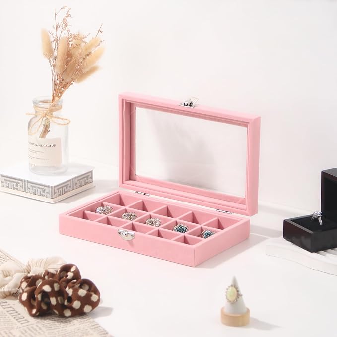 Travel Jewelry Box,Small Jewelry Case,Rings Earrings Cufflinks Organizer for Girls (Pink, 15 Grids) - Image 2
