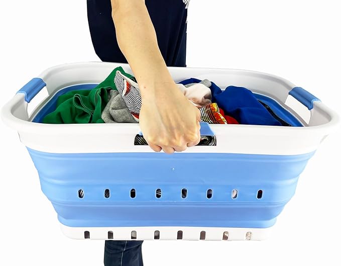 SAMMART 42L (11 gallon) Collapsible Plastic Laundry Basket - Foldable Pop Up Storage Container/Organizer - Space Saving Hamper/Basket (1, White/Little Boy Blue) - Image 8