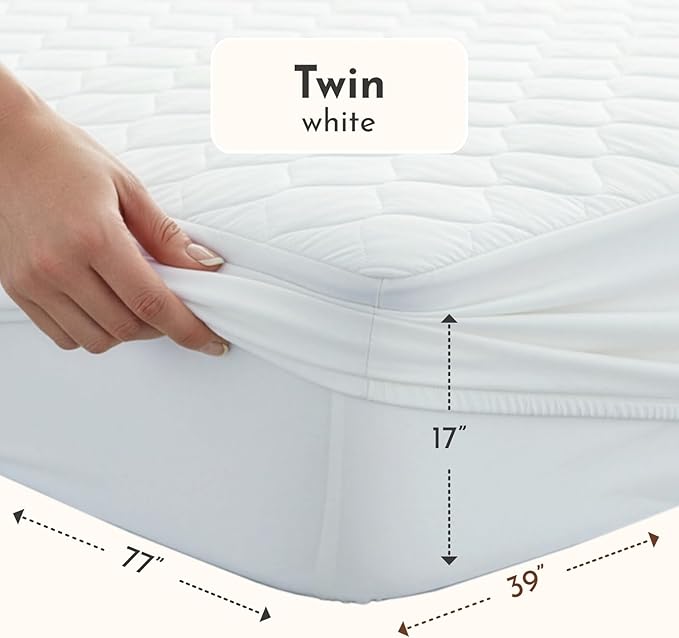 100% Cotton Organic Mattress Protector | Breathable & Noiseless Quilted Organic Mattress Pad with Premium 300GSM Durability | Machine Washable Bed Protector with Deep Pocket (White, Twin)