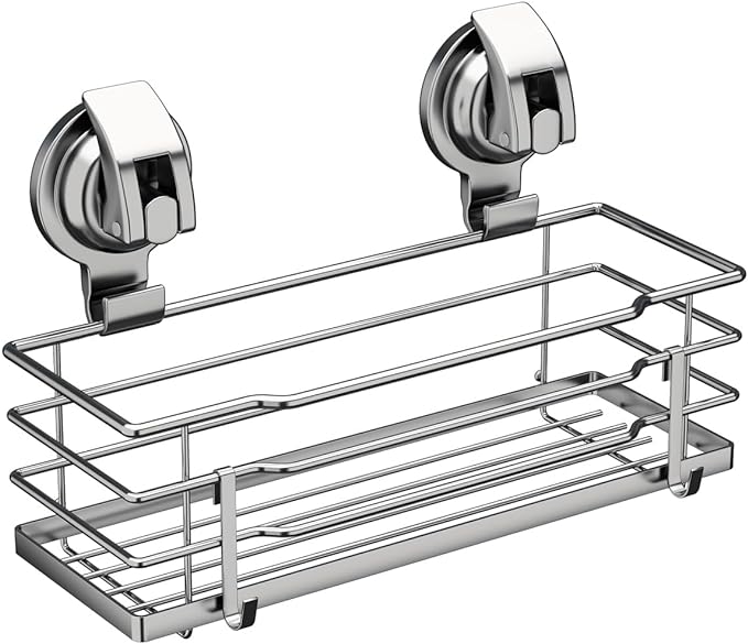 TESOT Suction Cup Shower Caddy, Shower Shelf Soap Dish with Hooks for Razor, Sponge, Rust Proof 304 Stainless Steel, Silver by TESOT