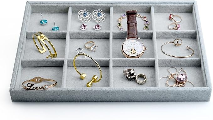 Oirlv Velvet Stackable Jewelry Display Trays 12 Grids Rings Earrings Bracelet Organizer Storage Tray(13.8"x1.29"x9.4") by Oirlv