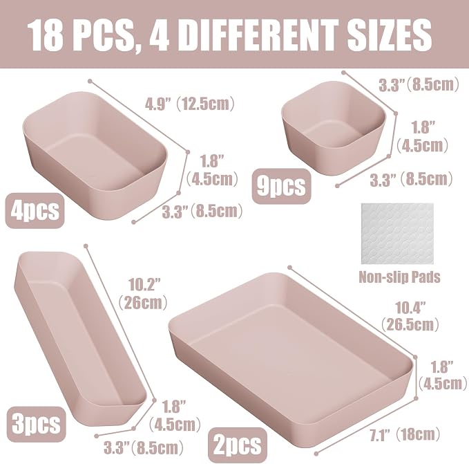 Plastic Drawer Organizers, 18 PCS Bathroom Drawer Organizer Bins, Desk and Vanity Organizer Plastic Tray, Makeup organizer and storage for Bedroom, Kitchen Gadgets Utensils and Office (Pink) - Image 2