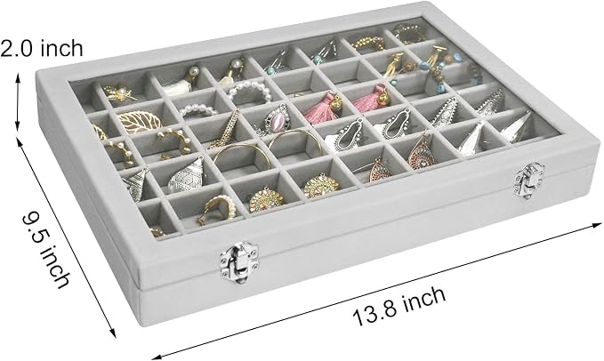 Siveit Velvet Jewelry Tray 48 Grid Jewelry Display Tray Organizer Box with Transparent Lid Rings Earrings Necklaces Pendants Display Box Suitable for Women and Girls (Grey) - Image 3