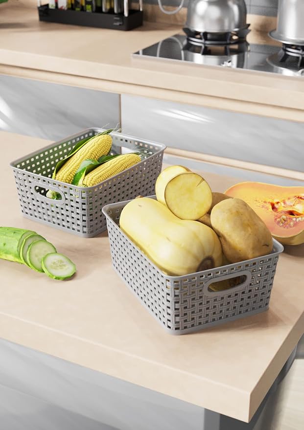 WYT 12-Pack Plastic Small Shelf Storage Weave Baskets for Organizing, Grey - Image 5