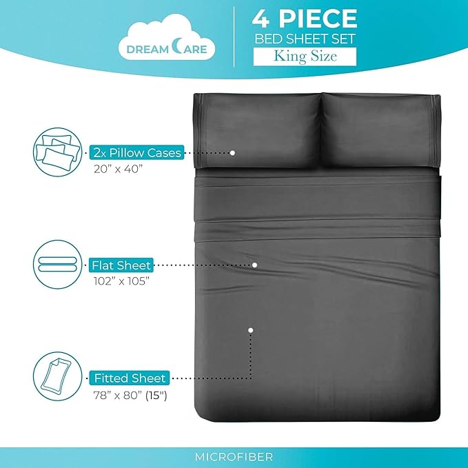 DREAMCARE Twin XL Sheet Sets - 4 pcs Breathable Cooling Bed Sheets - up to 15" Deep Pocket Twin XL Sheets Set with Side Pockets - Extra Soft 100% Brushed Hypoallergenic Hotel Luxury Bedding -Dark Gray