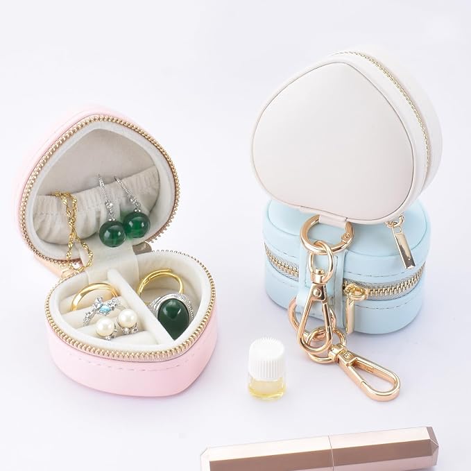 Heart Shape Ring Holder Keychain, Mini Travel Jewelry Case for Wedding Ring, Sports & Vacation, Portable Zipper Clutch Organizer for Earrings Necklace, Premium Gift for Women Girls (Pink) - Image 3