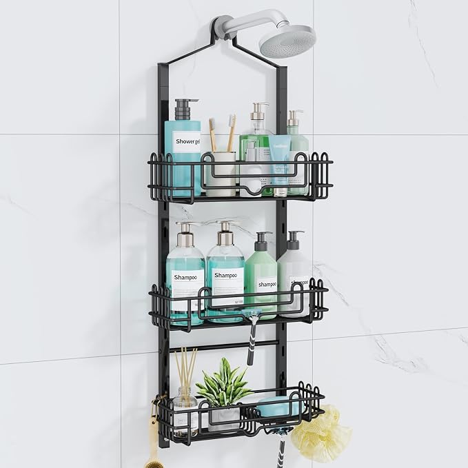 Consumest Shower Caddy Hanging – Rustproof Over Shower Head Hanger with Soap Holder and Hooks, Anti-Slip Shower Shelves for Storage, Bathroom Organizer for Apartment, Dorm, Black by Consumest