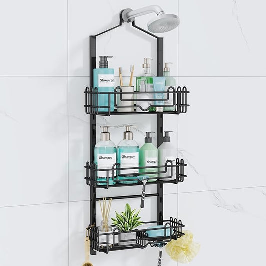 Consumest Shower Caddy Hanging – Rustproof Over Shower Head Hanger with Soap Holder and Hooks, Anti-Slip Shower Shelves for Storage, Bathroom Organizer for Apartment, Dorm, Black by Consumest