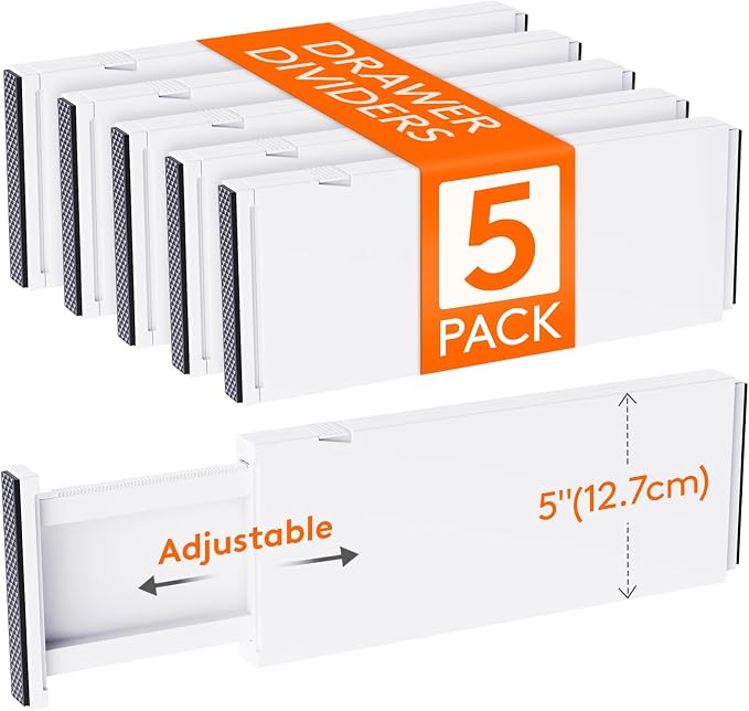 Lifewit 5 Pack 5" High Drawer Dividers 34-56cm/13.5-22" Adjustable Drawer Organizer for Clothes/Utensils, Expandable Drawer Separator in Dresser/Kitchen/Bedroom/Office Organization & Storage White by Lifewit