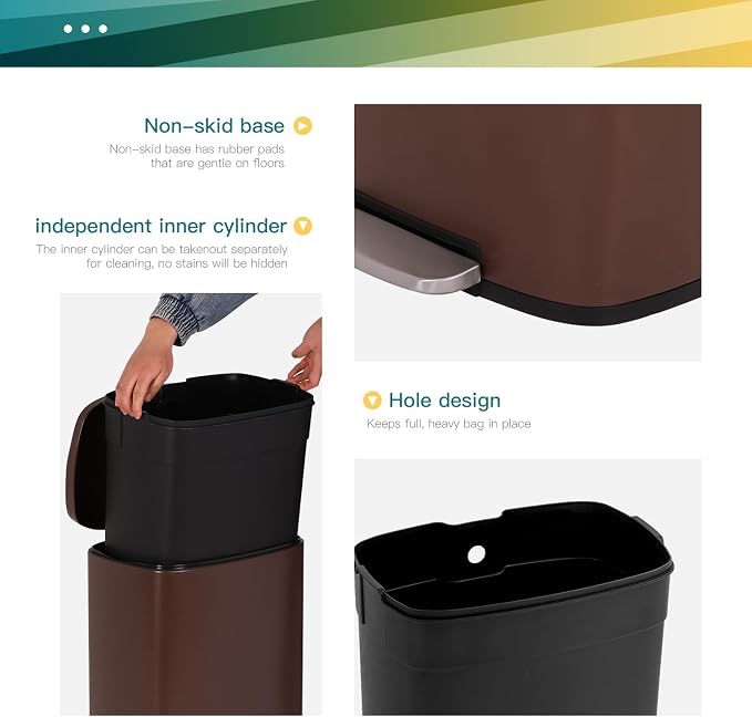 FDW | 13 Gallon Trash Can with Lid | Brown | Fingerprint-Proof | Made of Brushed Stainless Steel | Soft-Close Step Pedal | Hands-Free Use | Easy to Clean | for Kitchen, Office, Bathroom - Image 4