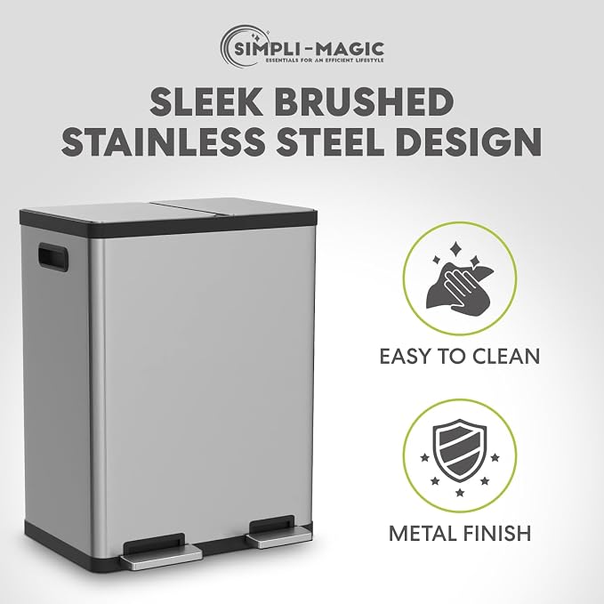 Simpli-Magic 18.5 Gallon (40L x 30L) Dual Compartment Step Trash Can – Kitchen Garbage Can with Waste & Recycling Bins – Slow-Close Lid, Odor Control, Hands-Free, Stainless Steel - Image 7