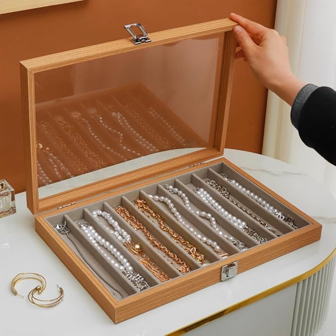 Glass Lid Necklace Organizer Box Transparent Necklace Holder Organizer Velvet Necklace Display Box Clear Lid Jewelry Storage Stackable Necklace Display Case for Women Girls (Style A) by MIOINEY