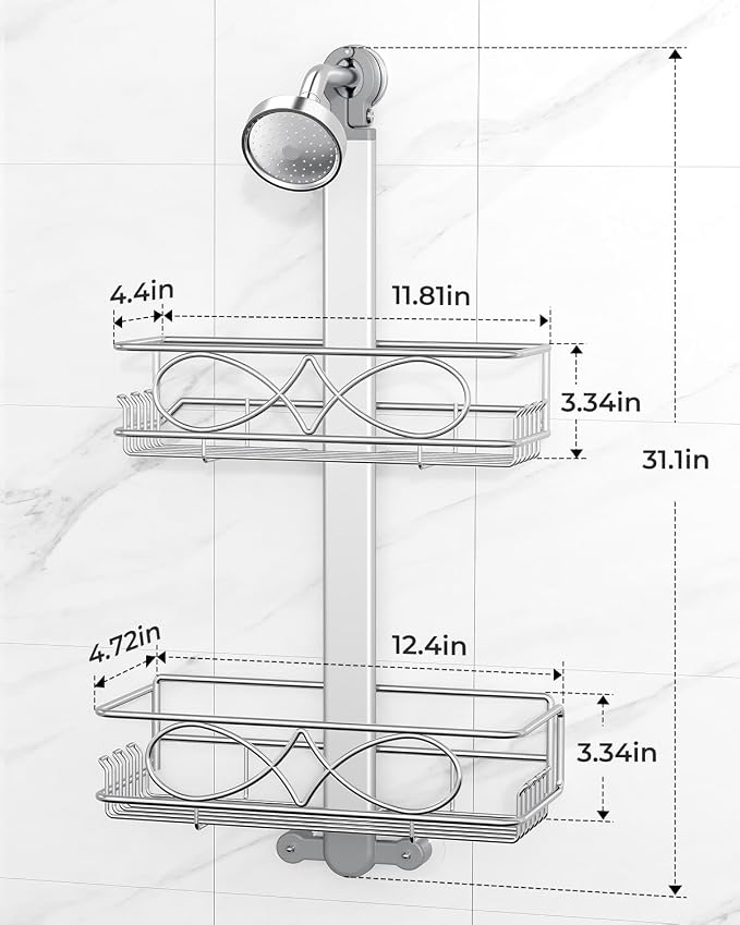 ODesign 2 Tier Stainless Steel Anodized Aluminum,Height-Adjustable Rustproof Shower Caddy Hanging Anti-Swing-Over The Shower Head Caddy-Bathroom Showe r Storage Organizer With Soap Box Holder- Sliver - Image 2