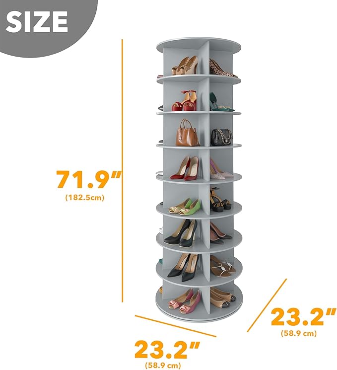 SpaceAid 8 Tier Rotating Shoe Rack Tower, Spinning Shoe Display Lazy Susan, Revolving 360 Shoe Rack Storage Round Carousel, Vertical Handbag Rotate Shoes Closet Organization (8-Tier Gray) - Image 2