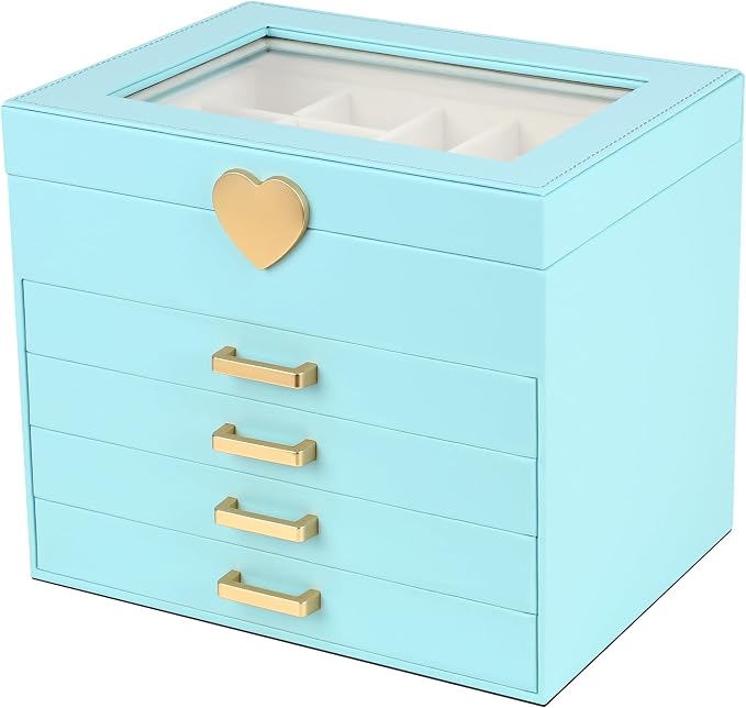 Kendal Jewelry Box, 5-Layer Jewelry Organizer Box with Glass Lid, Blue, Heart Shaped PU Leather, Storage Box for Necklace Earrings Rings Bracelets, Gift Idea for Girls LJC4DRBL by Kendal