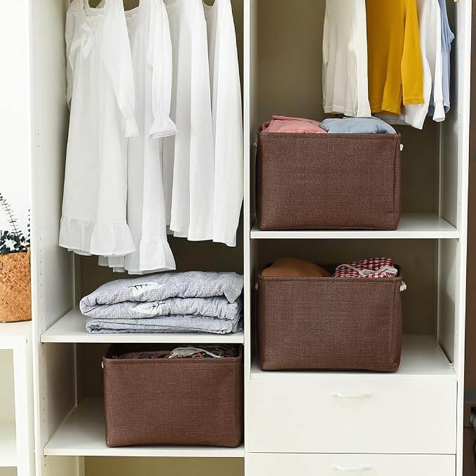 TheWarmHome Organization and Storage Basket for Shelves - 3 Pack 16x12x12 inch Fabric Storage Cubes, Cube Storage Bin for Organizing Closet Cloth Organizer Gift Toy (White & Brown) - Image 2