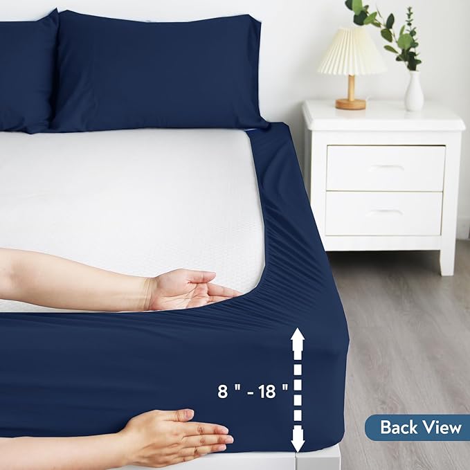 2 Pack Mattress Protector & Waterproof Bed Sheet, Machine Washable 18" Deep Pocket Queen Size Covers, Navy Blue