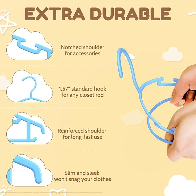 VILICK Kids Plastic Hangers, Baby Clothes Hangers for Closet 50 Packs Non-Slip Toddler Hanger for Infant Child Clothing, Small Children Hangers for Pants Coats Skirts (Blue) - Image 3