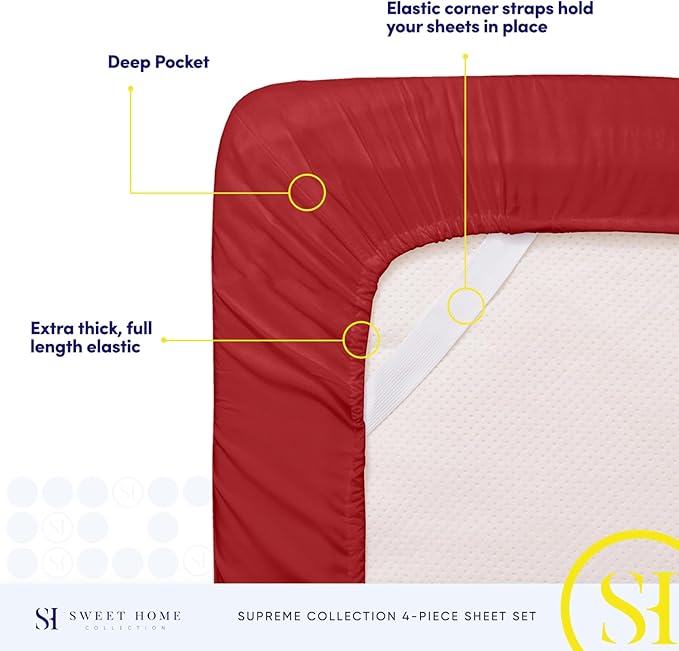 Queen Size Bed Sheets - Breathable Luxury Sheets with Full Elastic & Secure Corner Straps Built In - 1800 Supreme Collection Extra Soft Deep Pocket Bedding Set, Sheet Set, Queen, Red