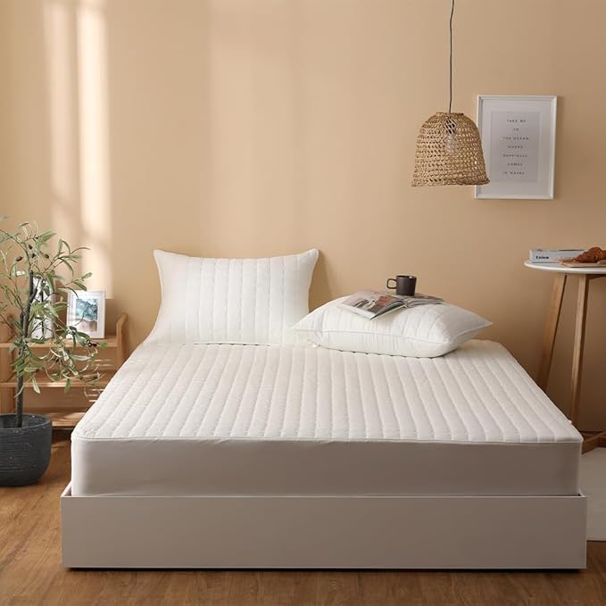 Quilted 100% Cotton Mattress Cover – 6 Colors, Machine Washable, Breathable & Stretchy, Fits up to 16-Inch Deep, Twin/Full/Queen/King (Ivory, Twin)