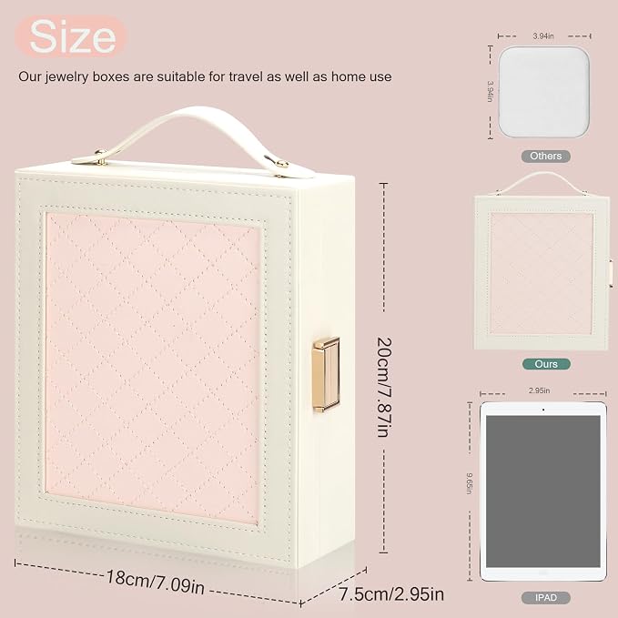DesignSter Travel Jewelry Case for Woman, Portable Jewelry Travel Box with Mirror, PU Leather Small Jewelry Organizer with Handle for Rings Earrings Bracelets Necklaces(Beige & Pink) - Image 3