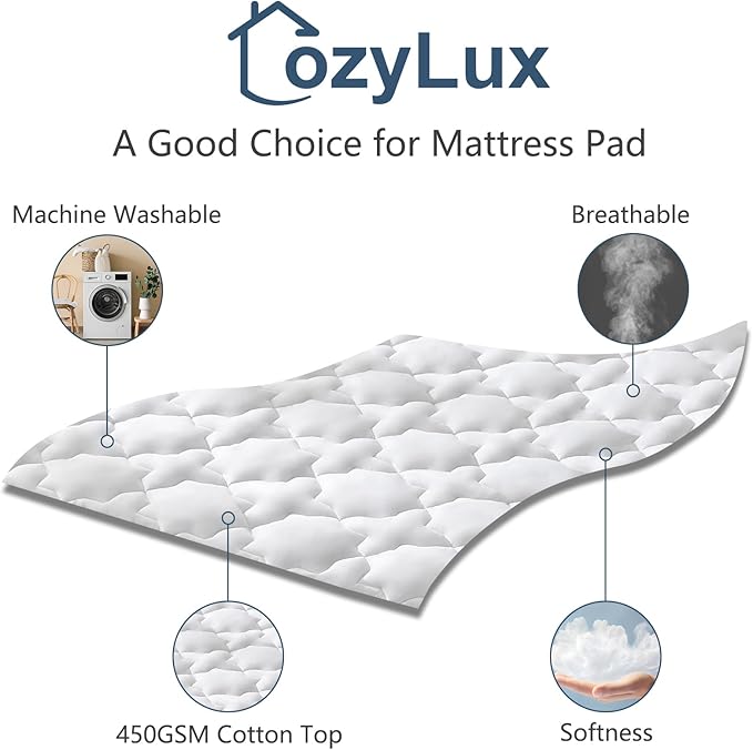 CozyLux Queen Mattress Pad - Cotton Cooling Queen Mattress Topper up 8-21" Deep Pocket Quilted Fitted Mattress Cover, Breathable & Soft Mattress Protector, 450GSM Thick Pillow Top (60"x80", White)