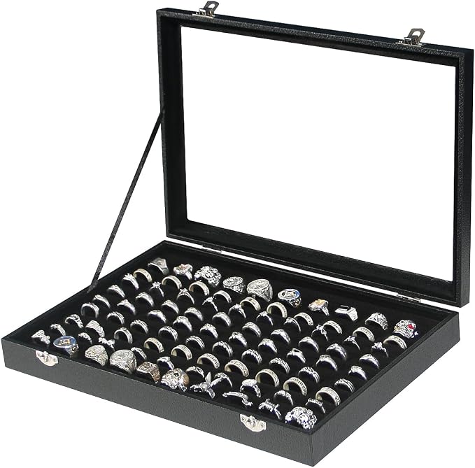 Coward Ring Organizer Jewelry Box, Black Velvet 100 Slots Ring Display Tray Case with Transparent Glass Lid for Home Use or Store Selling Show by FocusOnJewelryDisplay15yrs