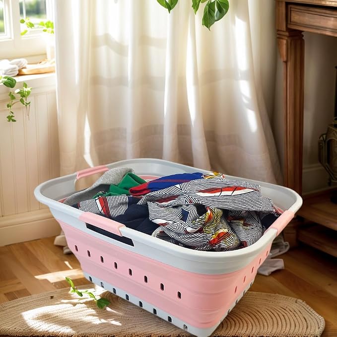 SAMMART 42L (11 gallon) Collapsible Plastic Laundry Basket - Foldable Pop Up Storage Container/Organizer - Space Saving Hamper/Basket (1, Grey/Quartz Pink) - Image 2