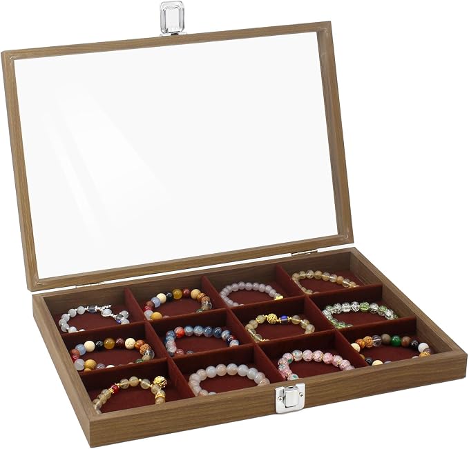 KOOAAICCHI Jewelry Organizer Tray 12 Grid Velvet Jewelry Storage Box with Clear Lid Jewelry Display Case with Lock Bracelet Earring Ring Organizer Showcase Gifts for Girls Women-12 Grid Wooden Brown by KOOAAICCHI