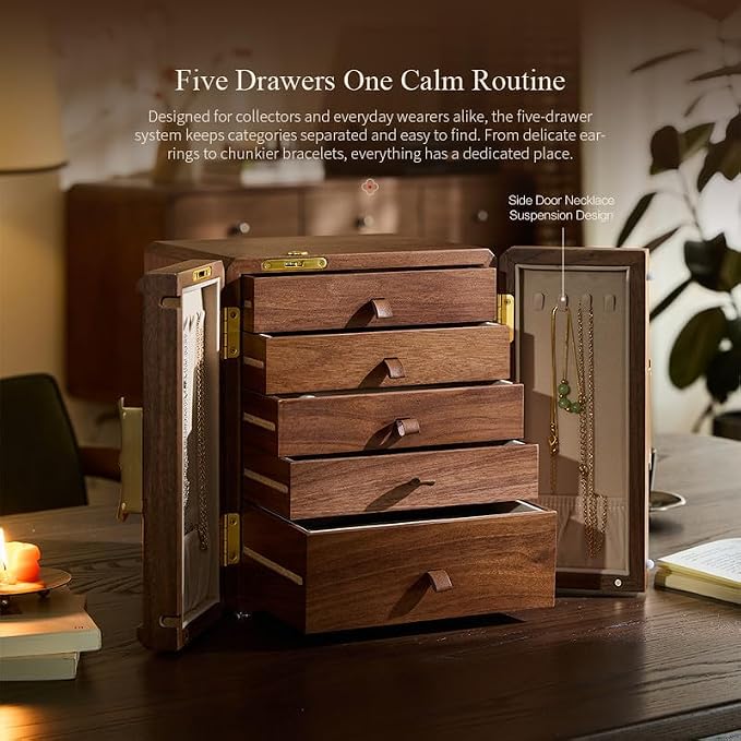 Lockable Walnut Jewelry Box with Key, 5-Layer Jewelry Organizer Storage Box for Necklaces, Rings, Earrings & Bracelets - Mothers Day Gifts for Mom - Image 2