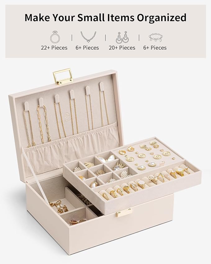 VLANDO 2 Layer Jewelry Box Large Jewelry Organizer for Women Removable Jewelery Tray for Necklace Earrings Rings Bracelets Mothers Gifts for Mom Wife (Light Pink) - Image 5