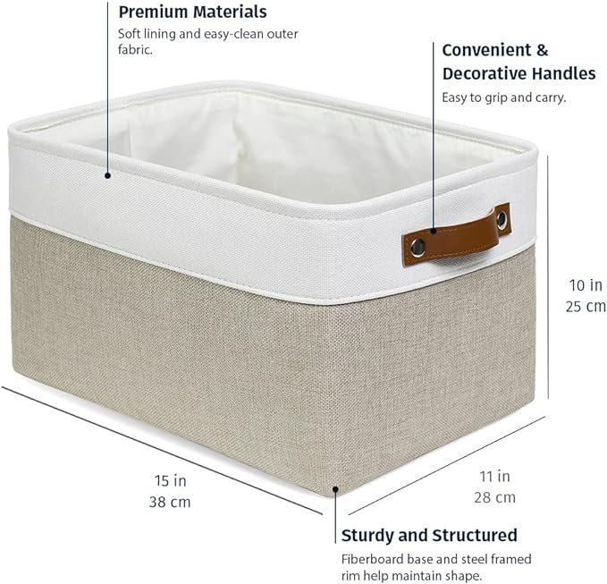 OrganiHaus Large Fabric Storage Baskets for Shelves 3 Pack, 15x11in Closet Storage Bins, Canvas Storage Bin for Organizing, Cloth Baskets, Linen Closet Organizers, Beige/Off-White - Image 2