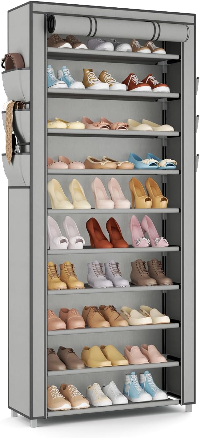 VTRIN Vertical Narrow Shoe Rack Organizer Tall Shoe Rack for Closet Entryway 10 Tier Non-Woven Cover Shoe Shelf Holds 36-41 Pairs Free Standing Shoe Storage Cabinet with Dustproof Cover, Grey by VTRIN